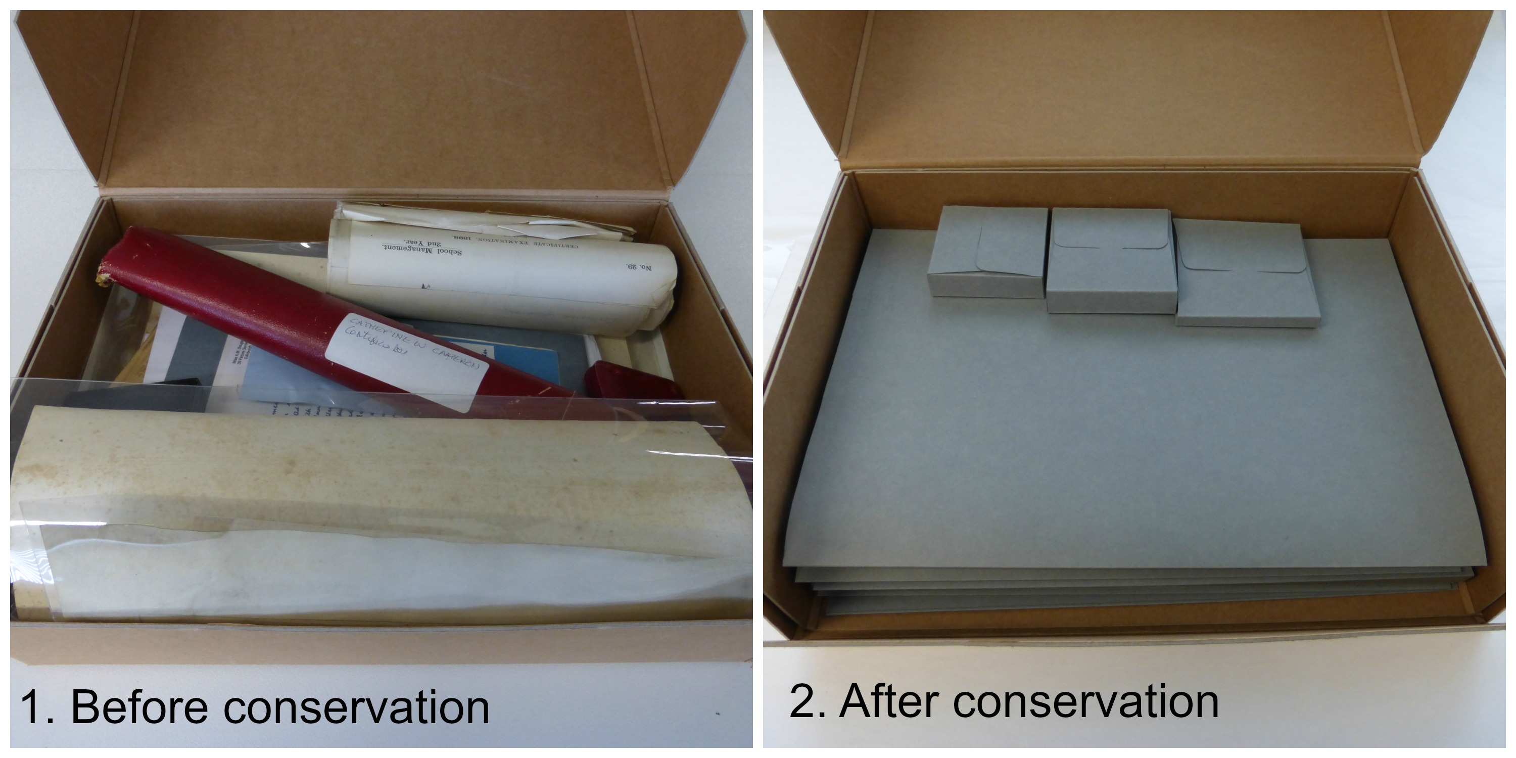 A box from the Moray House Archive, before and after conservation