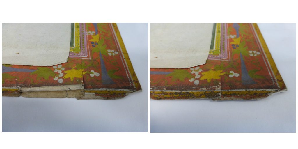 Delaminated corners before (left) and after (right) conservation