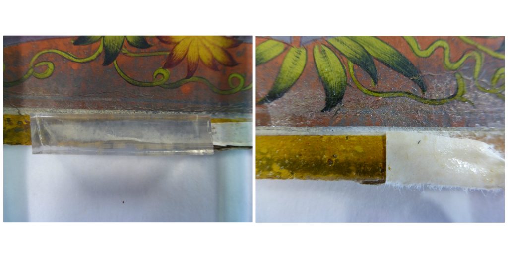 During conservation. Gel applied to tissue paper (left) and removing tissue paper (right)