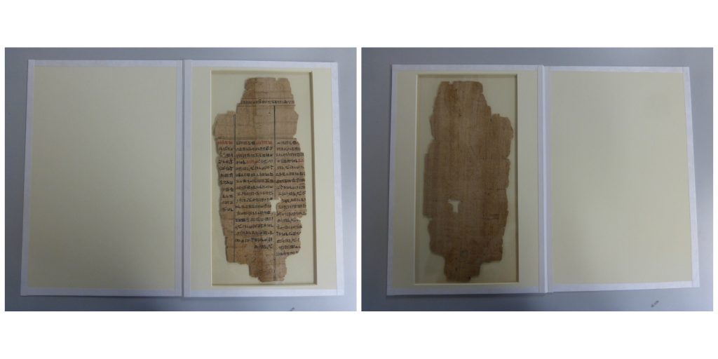 Papyrus, after treatment in polyester sling. Front (left) and back (right) of fragment is shown
