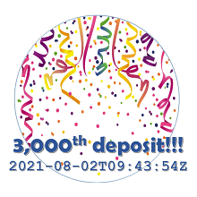 Confetti banner says "3,000th deposit!!!" 2021-08-02