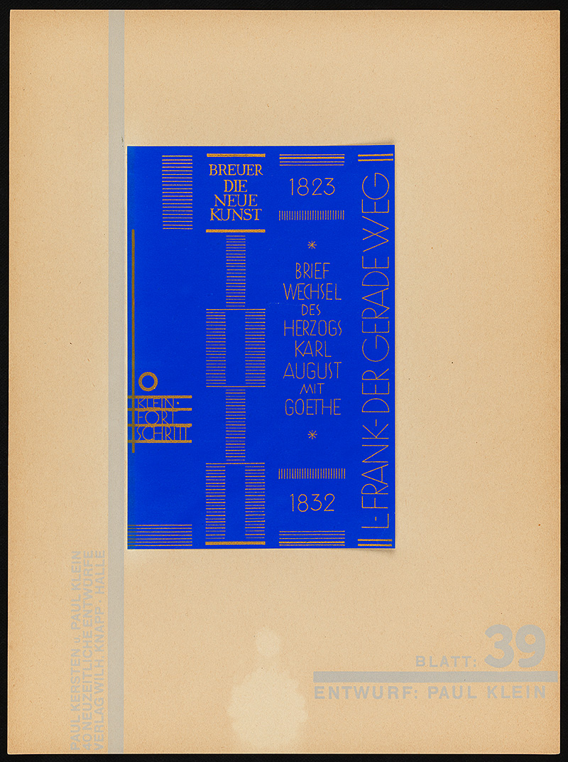 Bahaus book cover designs: RB.FF.210 Vierzig neuzeitliche Entwürfe fur künstlerische Bucheinbände : Vorlagenwerk für Handvergolder Kunstbuchbinder und Fachschulen, 1928. Paul Kersten and Paul Klein, No.39.