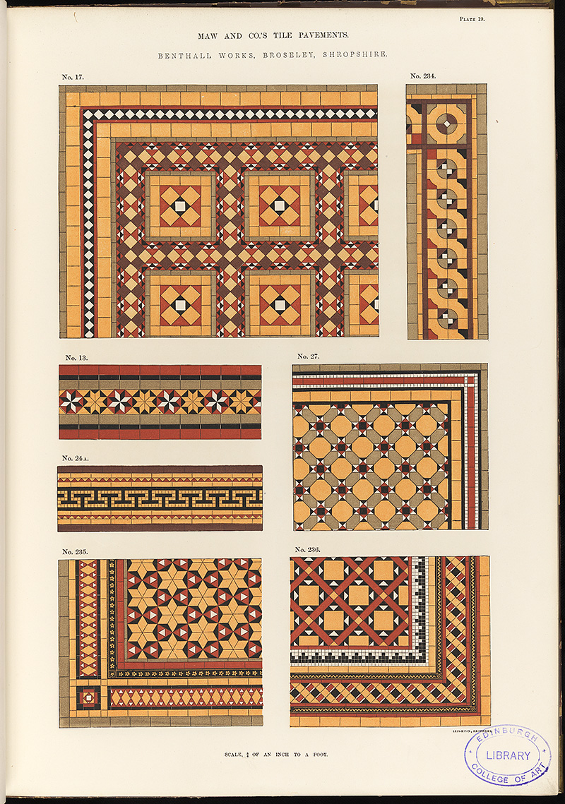 Edinburghers- have you ever wondered where the city’s lovely quarry tiles come from? In the Edinburgh College of Art Rare Book collection we found this- RECA.F.97Maw And Co.'s Patterns, Geometrical and Roman Mosaics, Encaustic Tile Pavements and Enamelled Wall Decorations, pl.19.