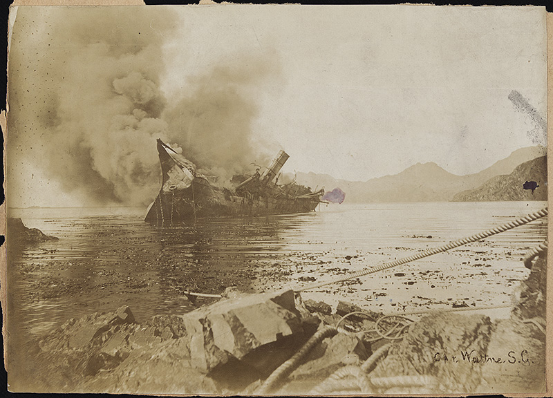 'Horatio, 12/03/16 '. On fire with whale oil loaded on board. South Georgia
