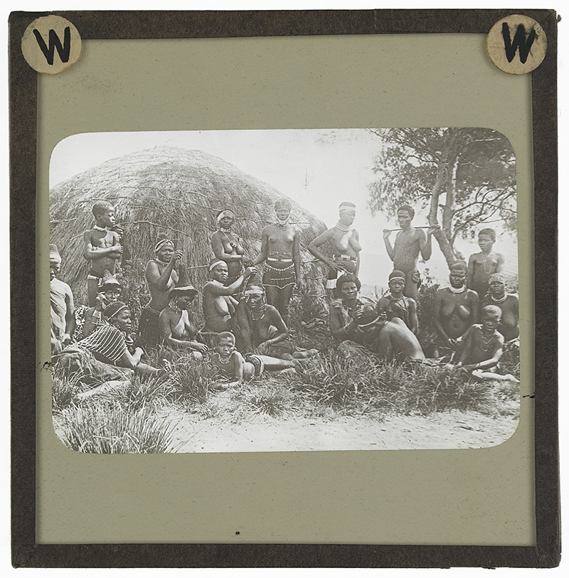 [African Zulu Tribeswomen]'. Photograph of a group of African Zulu tribeswomen in traditional dress standing and sitting in front of a thatched hut and tree in the early 20th century. 