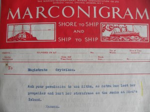 Wireless telegraph message sent by Leganger H. Hansen (Salvesen manager, Leith Harbour, South Georgia, between 1916 and 1937)