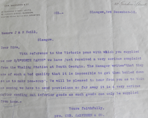 Letter, 3 December 1912, from the Manager in South Georgia to the Company's offices in Glasgow