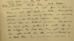 In a log-book entry for 13 July 1906, Bruce writes about the improving weather with clouds dispersing so that ‘in the evening the sky was practically cloudless and all the peaks and glaciers clear. At midnight there was brilliant sunshine’. After lunch that day, a party of men went ashore at 3pm ‘when the Prince and the rest of us toasted them’. Gen. 1650.89.3.1-2