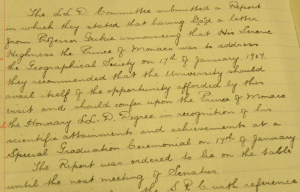 From the Minutes of the Senatus Academicus, 1905-1908, and recording the decision to award the Honorary LLD. EUA IN1/GOV/SEN/1