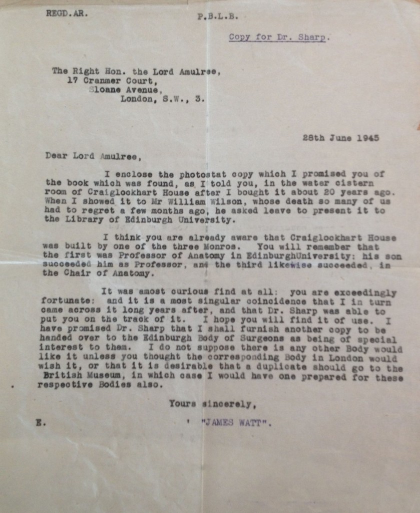Copy of letter from James Watt to Lord Amulree, 1945, sent to Lauriston William Sharp, University Librarian.