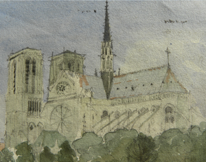 Water-colour of Notre Dame, Paris, by Charles Lovett Gill. Coll-1603.