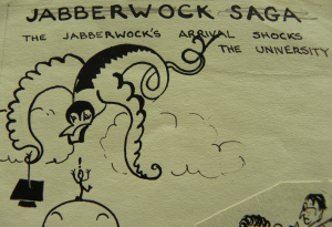 Cartoon describing the arrival of 'The Jabberwock', Edinburgh University. Coll-1611.
