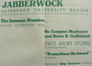 Poster for an edition of 'The Jabberwock' featuring contributions by Compton Mackenzie and Helen Cruickshank. Coll-1611.