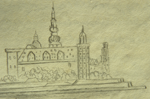 Sketch by Forbes of Kronborg Castle (Hamlet's Castle) at Helsingør, Denmark, in his 'Journal in Norge'. Dc.6.91