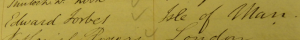 Signature of Edward Forbes, from the Isle of Man, Edinburgh University session 1831-32. The signature was written in November 1831, and Forbes was the 115th student to matriculate. Volume 'Matriculation 1829-1846'.