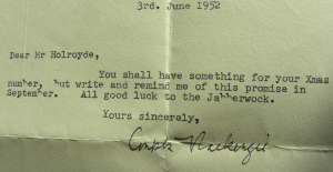 Letter dated 3 June 1952 to Ian Holroyd, Editor of 'The Jabberwock' from Compton Mackenzie again promising a contribution. Coll-1611.