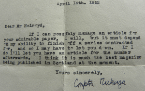 Letter dated 14 April 1952 to Ian Holroyd, Editor of 'The Jabberwock' from Compton Mackenzie promising a contribution. Coll-1611.