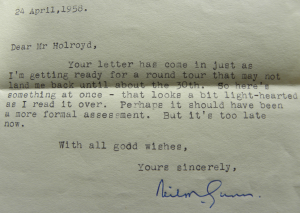 Signature of Neil Gunn on a letter dated 24 April 1958 to Ian Holroyd, Editor of 'The Jabberwock'. Coll-1611.
