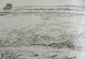 This scene showing the trees that approximately 'mark the Right of the edge of the British position'. In part No.4 of the panorama. From Coll-1101 Barker Panorama of Waterloo, CRC