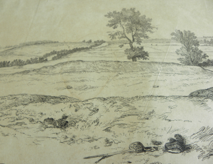 Scene showing personal effects on a part of the site 'where the Highlanders suffered so severely'. In part No.8 of the panorama. From Coll-1101 Barker Panorama of Waterloo