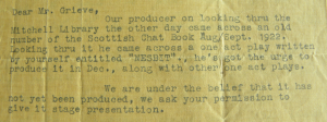 Body of the letter from Frederic Grant to Christopher Grieve, 9 November 1932, asking permission to put on 'Nisbet'.