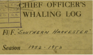 Cover of the 'Whaling Log' of the Salvesen & Co. whale factory-ship, 'Southern Harvester', season 1952-1953.