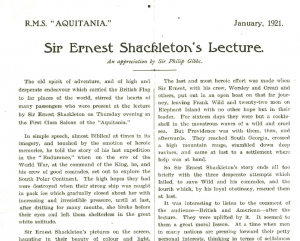 Shackleton was aboard the R.M.S 'Aquitania' in 1921 giving a talk on his Antarctic adventures (Sarolea Collection, Sar.Coll.135)