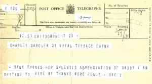 Telegram, noted Ray, from Raymond Swinford Shackleton to Charles Sarolea thanking him for an appreciation of his father (Sarolea Collection, Sar.Coll.135)