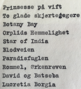 List of films sent south to South Georgia from Oslo in January 1957. In the Salvesen Archive, B2, Box 4, h.