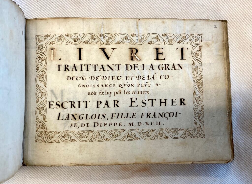 Image shows the title-page of a manuscript produced by Inglis in 1592, entitled Livret Traittant de la Grandeur de Dieu.