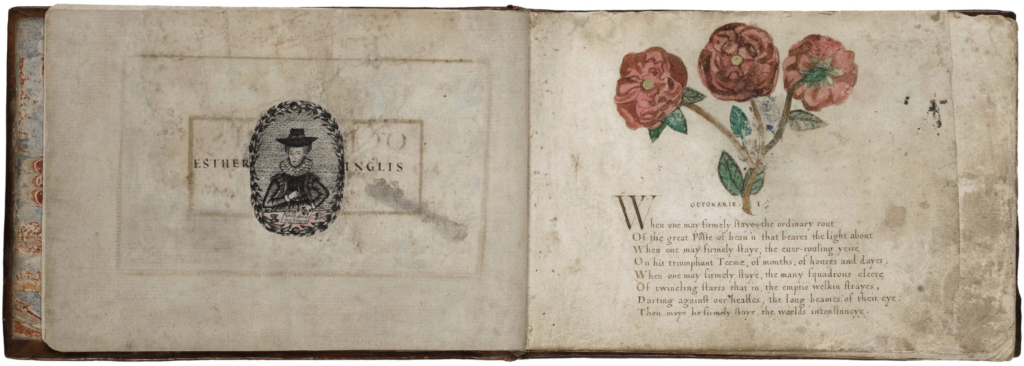 Image shows an opening from one of Esther Inglis' manuscripts. The verso shows a small self-portrait of Esther Inglis, with her name written on either side. The recto shows a verse in English, written in a script which imitates a printed text, with a floral design above it.