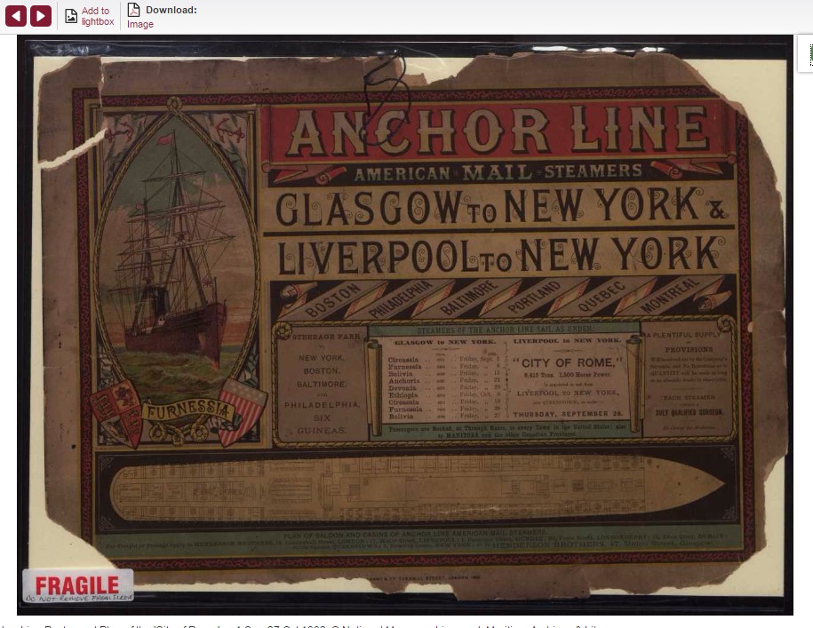Anchor Line Poster and Plan of the 'City of Rome' – Voyage to New York from Glasgow and Liverpool, 1882. [screenshot from Migration to New Worlds]
