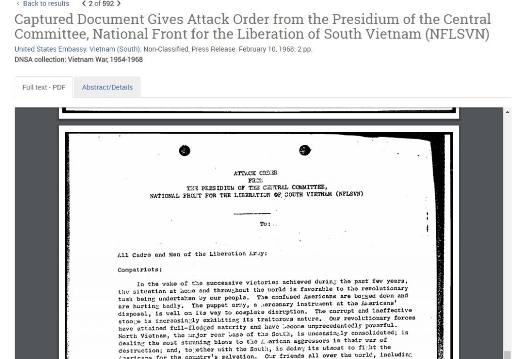 Screenshot showing Captured Document Gives Attack Order from the Presidium of the Central Committee, National Front for the Liberation of South Vietnam (NFLSVN) United States Embassy. Vietnam (South). Non-Classified, Press Release. February 10, 1968: 2 pp. 