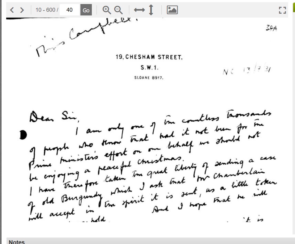 Screenshot of Gifts Received after the Munich Crisis. Correspondence. 1938-39. (Letters 29-77). 1938-39. MS Papers of Neville Chamberlain: Chamberlain Papers, Series One: The Papers of Neville Chamberlain. University of Birmingham Library. Archives Unbound. Web. 9 Dec. 2016.