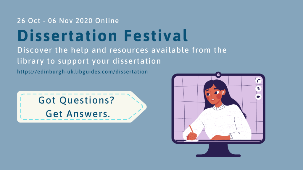Dissertation Festival promotional image, including dates of the event and a link to Subject Guide. 