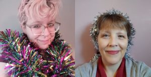 Two pictures of the Law Librarians looking festive. On the left, an image of SarahLouise - a white woman with pink curly hair, wearing rainbow tinsel round her neck like a boa - and on the right, Donna - a white woman with short dark blonde hair, who has a crown of silver tinsel in her hair. Both are smiling. 