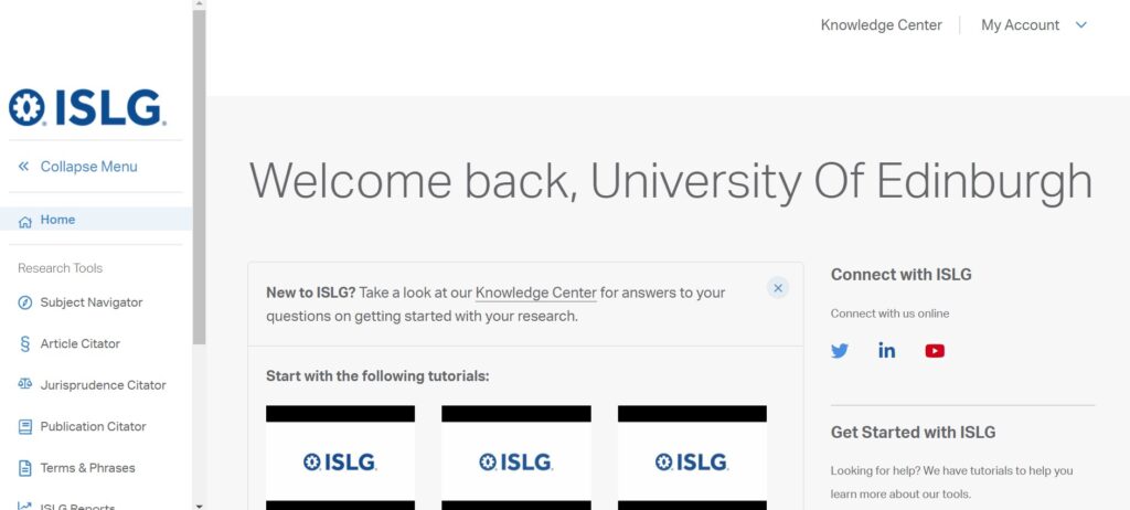Screengrab of the home page of InvestorStateLawGuide. At the top of the page 'Welcome back, University of Glasgow' is written, with links to video tutorials below. On the left side of the page there is a navigation pane with a menu which links to different functions of the site. 