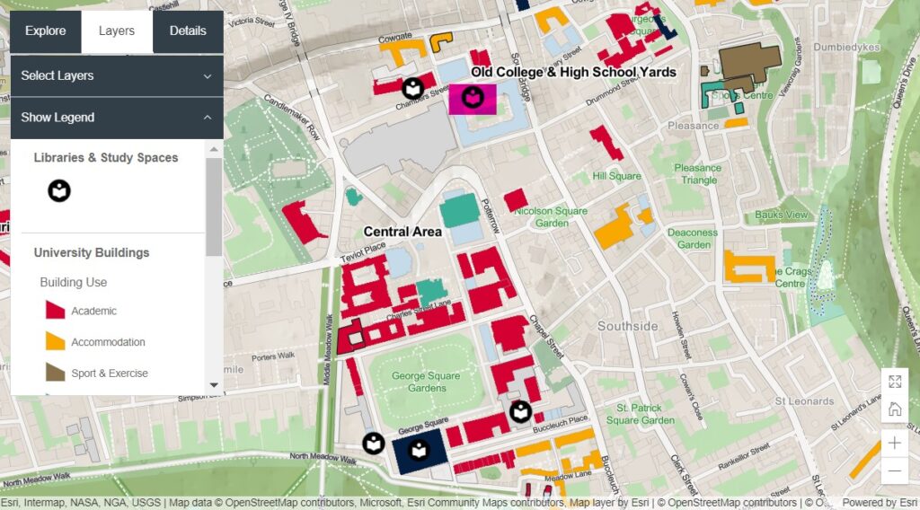 Map of the central part of campus, with buildings highlighted in a variety of colours. Several black circles featuring white book icons are visible on the screen, to indicate the location of libraries. 
