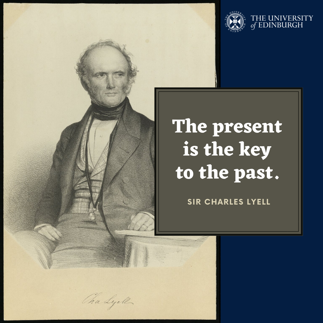 Engraving of Charles Lyell, and the quote "The present is the Key to the past."