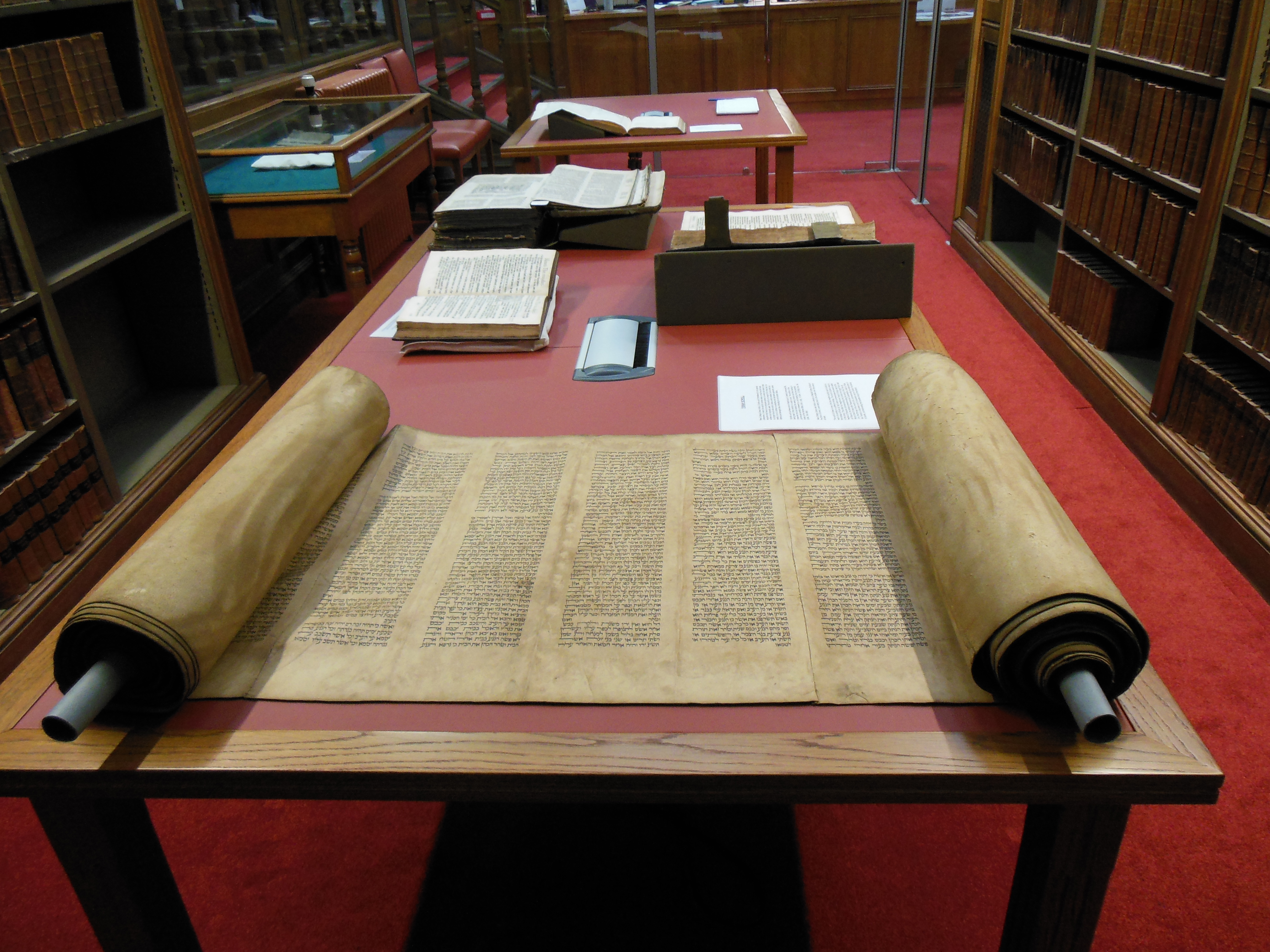 Torah scroll on display in the Funk Reading Room
