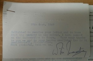 Letter from W M Macartney to New College Librarian, 1969 (GB238 AA2.1.108).