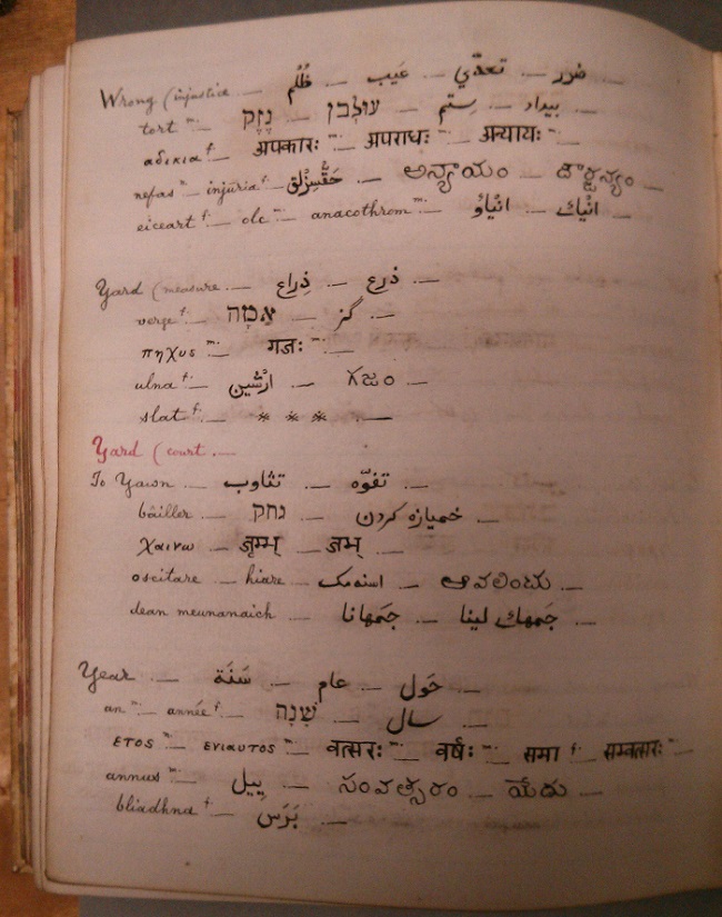 Page from Polyglot Vocabulary by Robert Blair Munro Binning ref. MSS BIN5