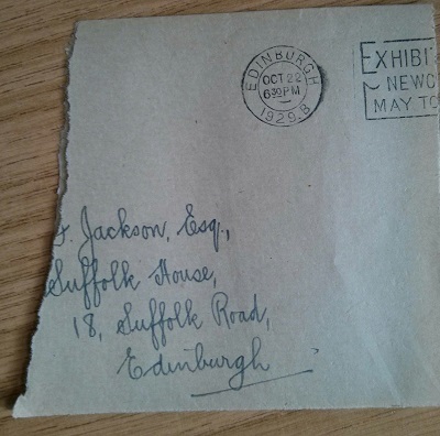 Scrap of an envelope found in the W. F. Jackson collection of books.