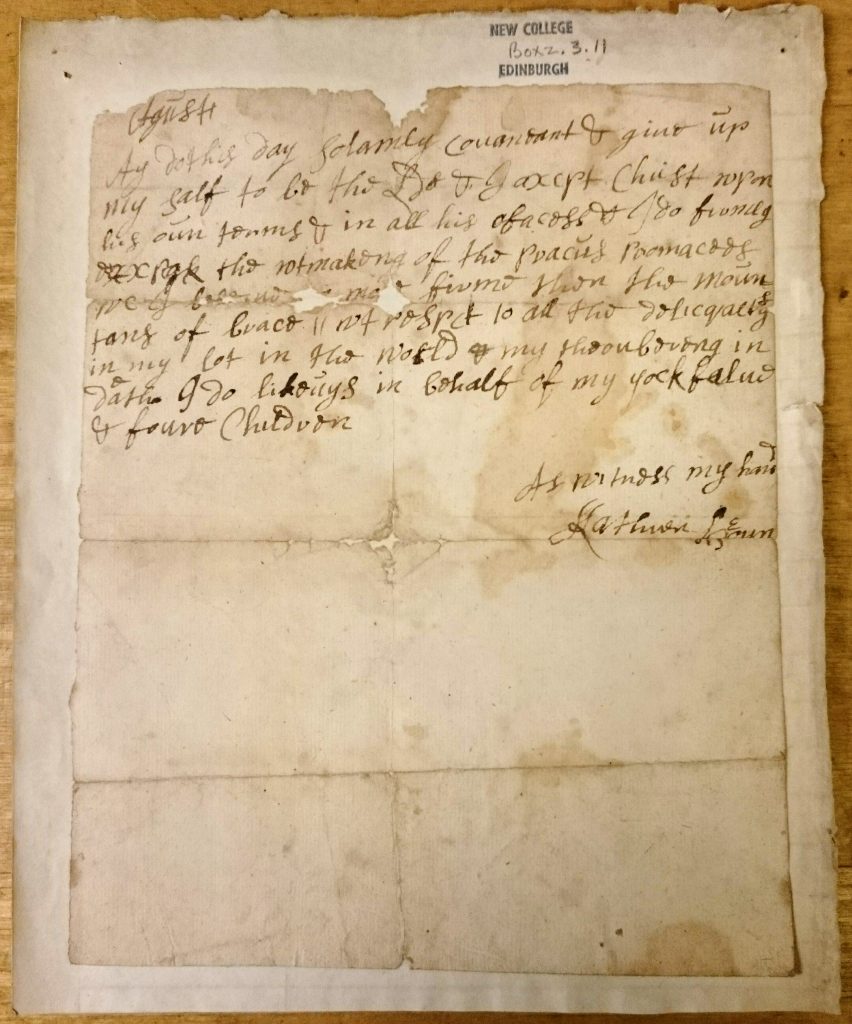 The covenant of Katherine Brown, wife of Rev. Thomas Boston, Covenanter, Ettrick. c.1713-c.1732