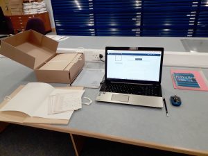 Archive cataloguing project intern work-station at the University of Strathclyde Archives and Special Collections
