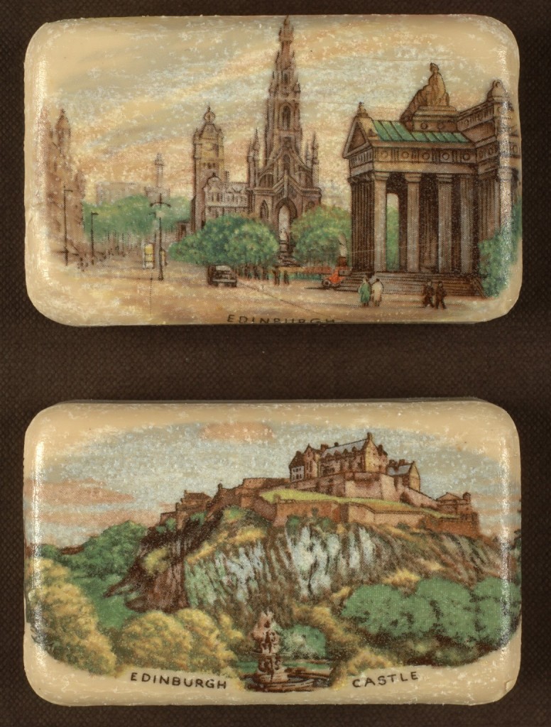 Two bars of soap illustrated with the Scott Monument and Edinburgh Castle.