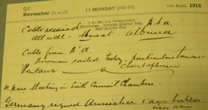 Diary entry of Theodore Emil Salvesen for Monday 11 November 1918, noting the Armistice. Salvesen Archive. Coll-36 (1st tranche, Diaries of Theodore Emil Salvesen, F42).
