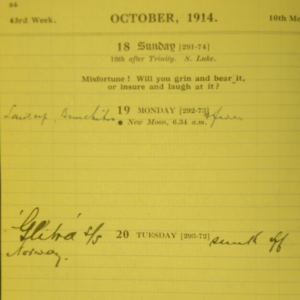 Diary entry of Theodore Emil Salvesen noting the loss of 'Glitra' in October 1914. Salvesen Archive. Coll-36 (1st tranche, Diaries of Theodore Emil Salvesen, F42).