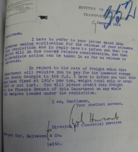 Letter from the Ministry of Shipping, to Christian Salvesen & Co., dated 9 January 1919, about the release of vessels from requisition. Salvesen Archive. Coll-36 (1st tranche, Letter book, A77).