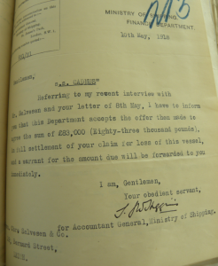 Letter from the Ministry of Shipping to Christian Salvesen & Co., dated 10 May 1918, about the firm's claim for the loss of the vessel 'Cadmus' through enemy action. Salvesen Archive. Coll-36 (1st tranche, Letter book, A77).
